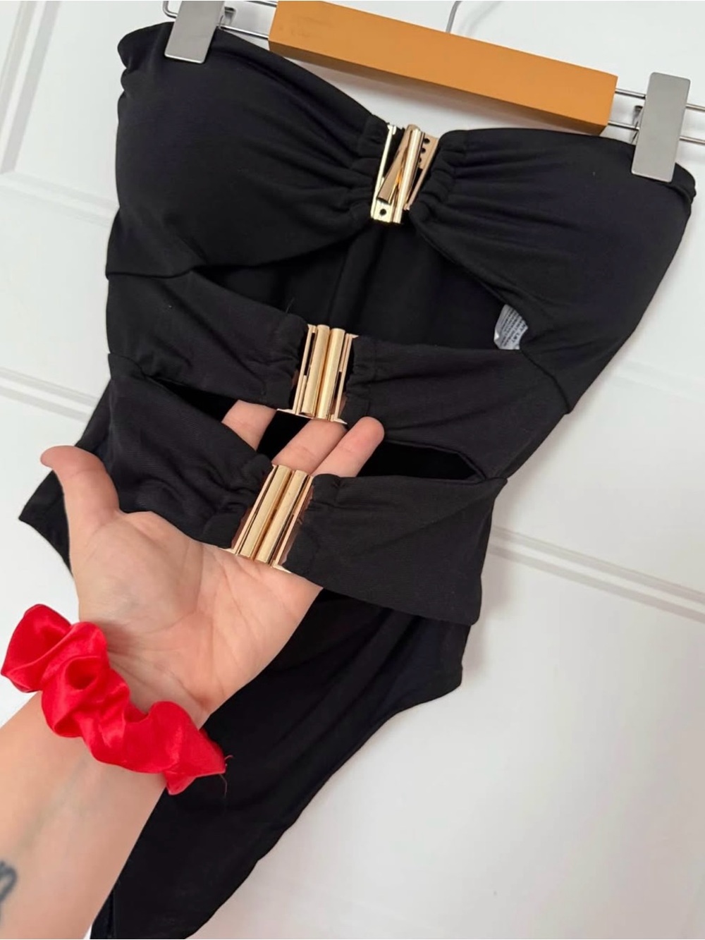 Black Cutout One-Piece Swimsuit with Gold Hardware